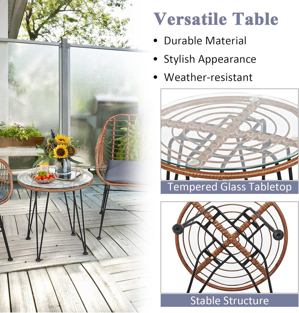 Tangkula 3 Pieces Patio Conversation Bistro Set, Outdoor Wicker Furniture w/R...