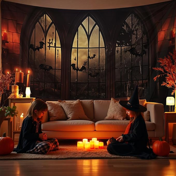 QGHOT Halloween Tapestry Wall Hanging Horror Castle Window Tapestry Gothic Sp...