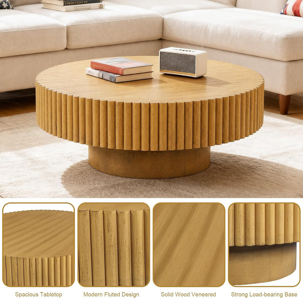 Rovibek Fluted Round Coffee Table, 31.5" Modern Wooden Coffee Table with...