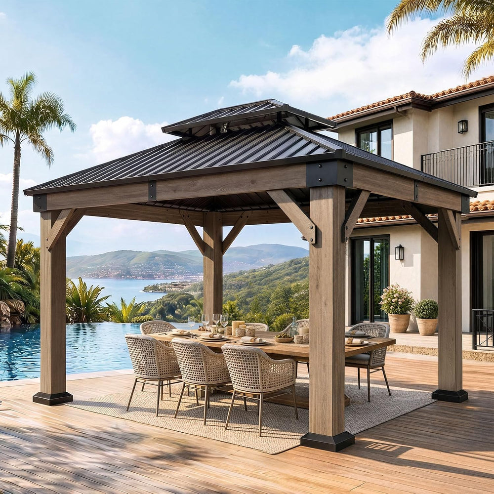 Aoxun 10' x 12' Cedar Wood Gazebo with Double Galvanized Steel Roof, ...