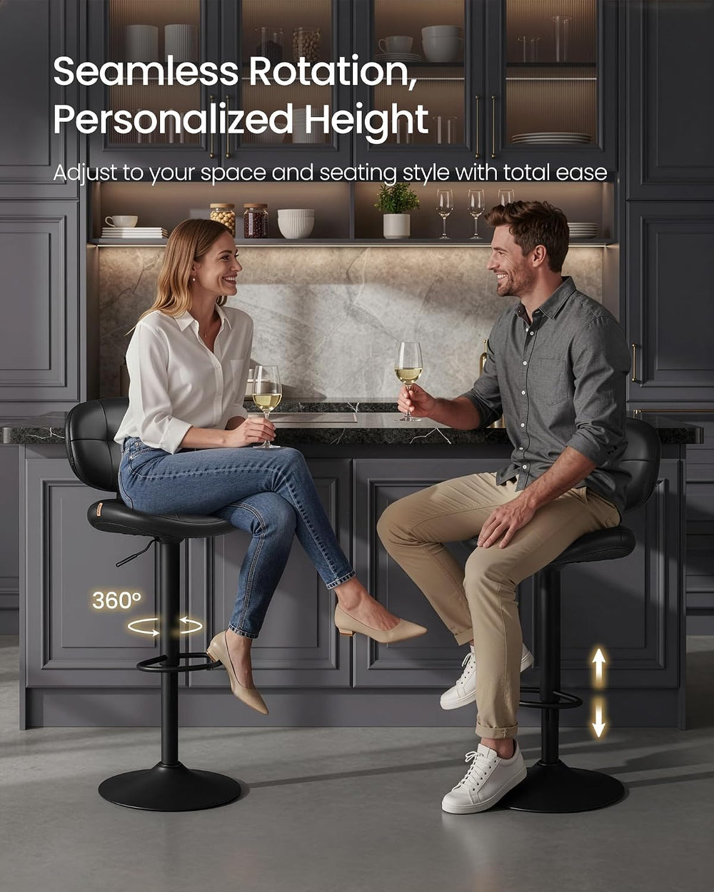 VASAGLE Bar Stools Set of 2, Height Adjustable Swivel Chairs, PU Leather