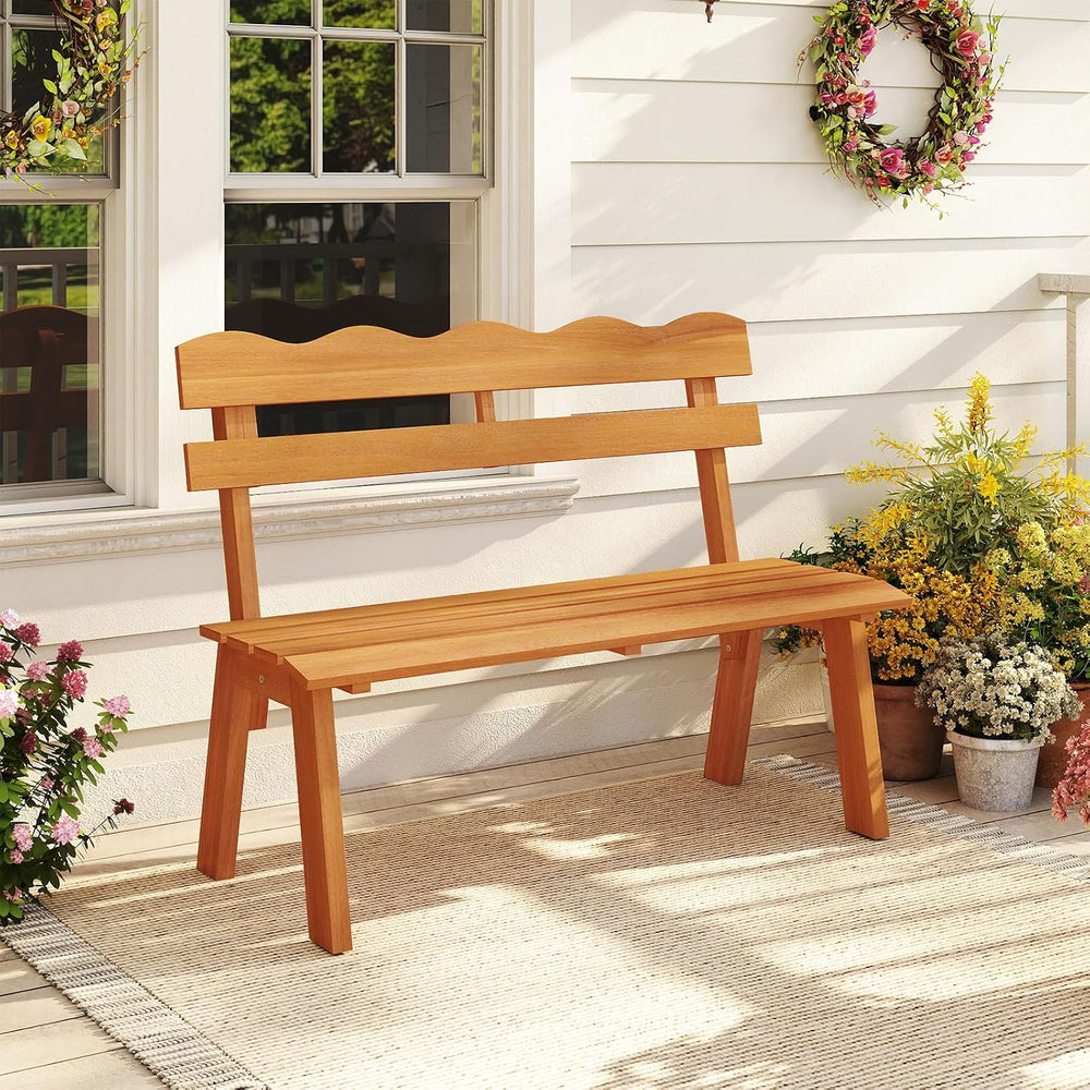 Tangkula Acacia Wood Outdoor Bench with Backrest, 2-Person Patio Garden Bench...
