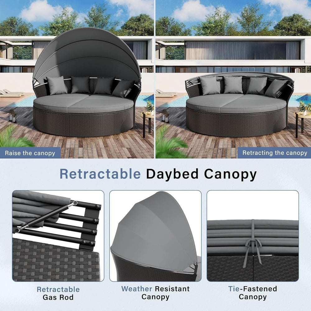 Patio Round Daybed with Canopy, Outdoor Wicker Rattan Sectional Sofa Set with...