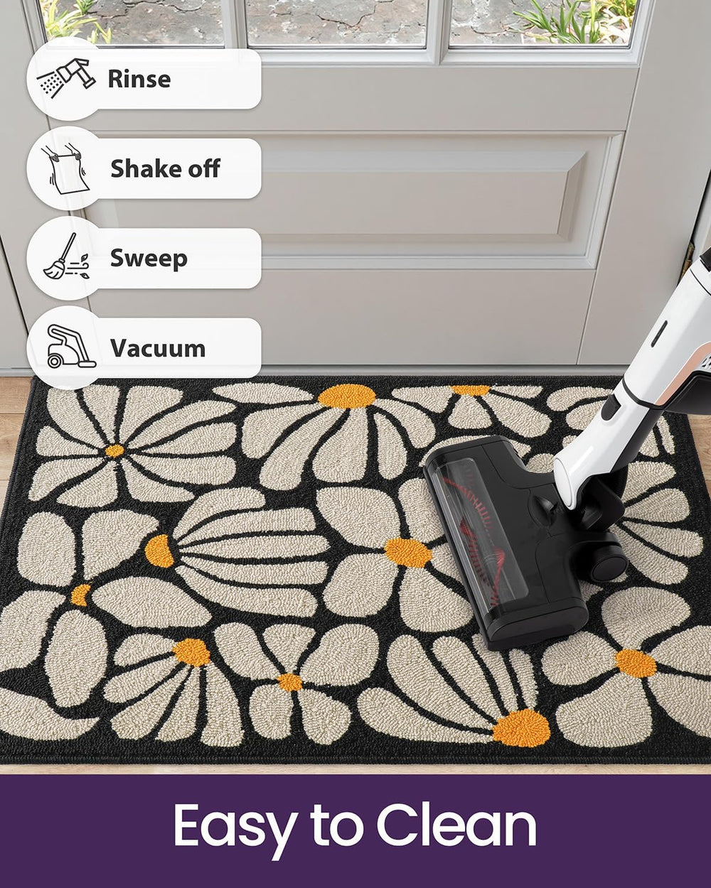 DEXI Front Door Mat Indoor Entrance 32x48, Non Slip Doormat, White Floral