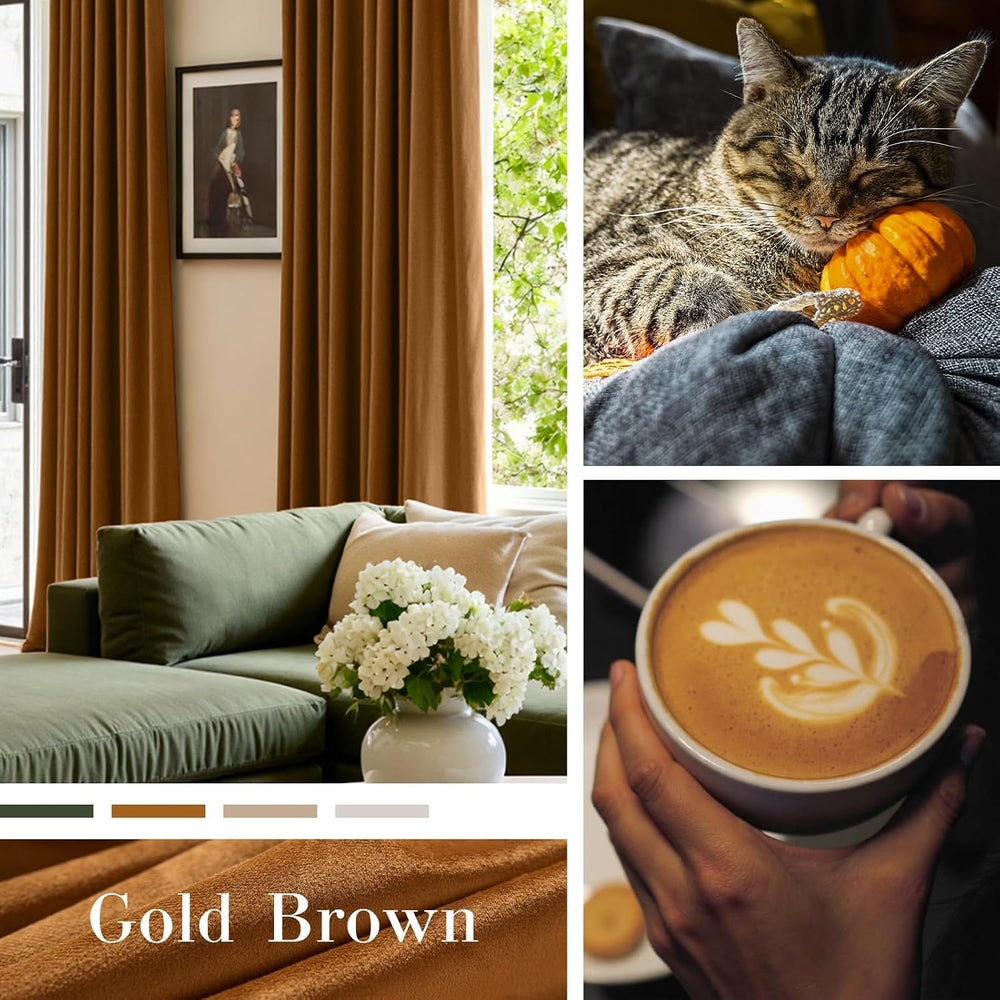Lazzzy Gold Brown Blackout Velvet Curtains 84 Inch Length Pinch Pleated Therm...