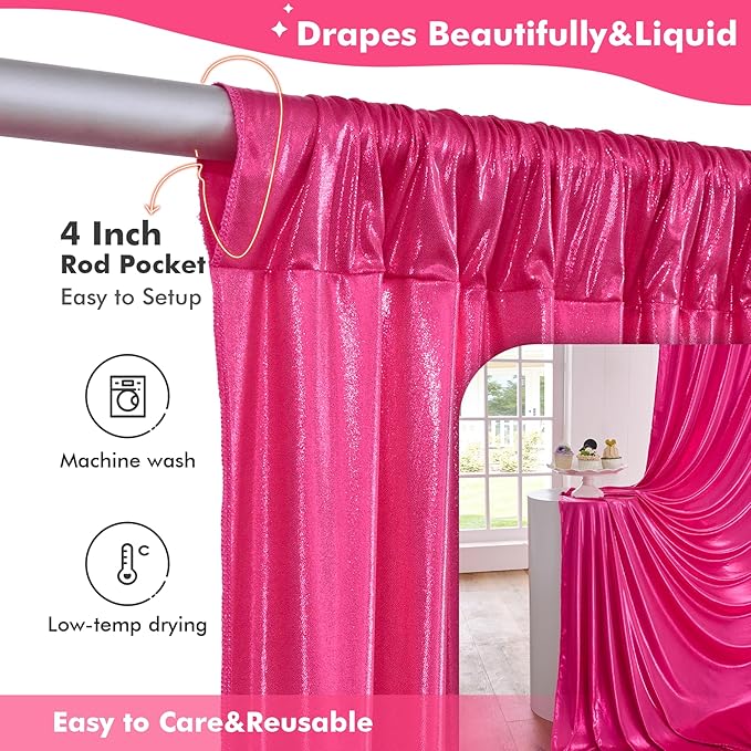 20x10ft Shimmer Hot Pink Sequin Backdrop Curtain for Parties, Thick Wrinkle F...