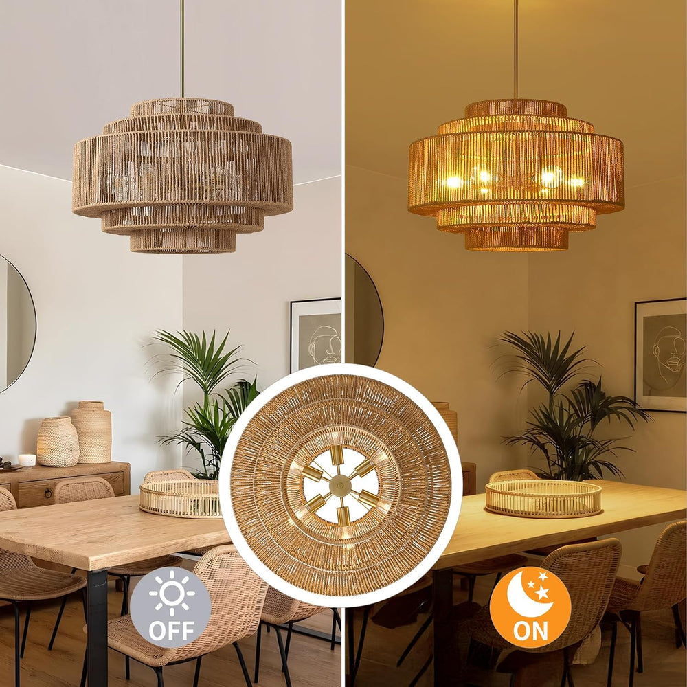 25.6" Boho Rattan Chandelier, 6-Light Large Wicker Light Fixture