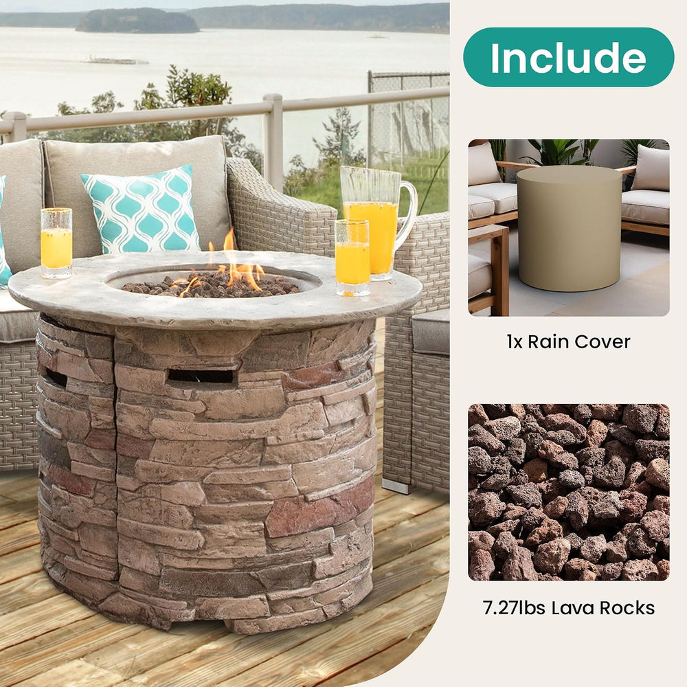 SUNBURY Outdoor Fire Pit Propane Round Fire Pit Table Fire Column, Stonecrest...
