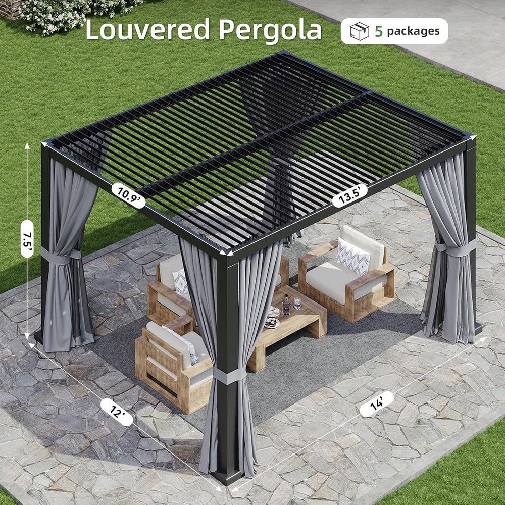 Aoxun Louvered Pergola 12x14 All-Aluminum, Waterproof Curtains and Netting