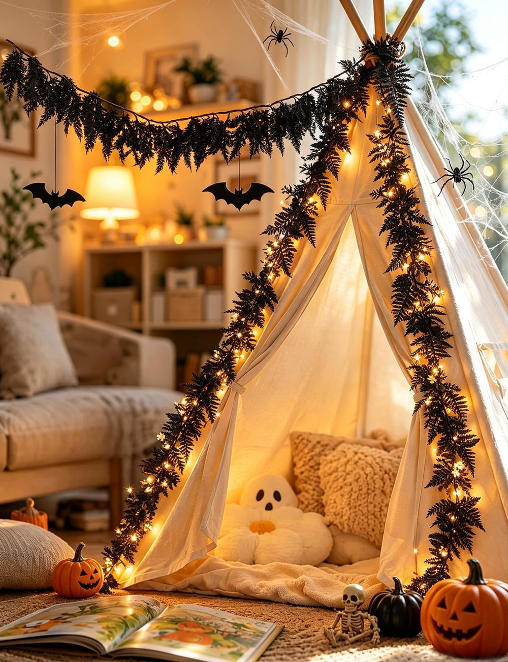 2 PCS 5.91 FT Black Halloween Cedar Pine Garland, Realistic Spooky