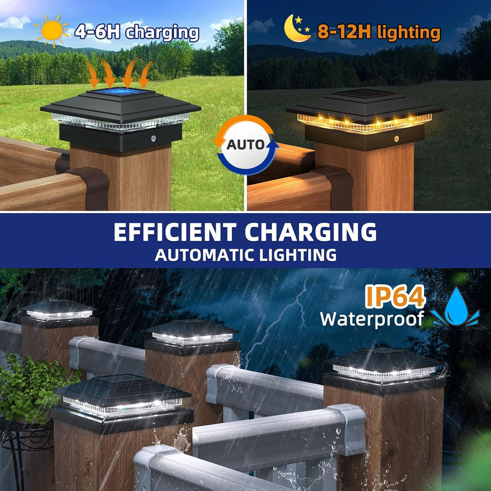 APONUO Solar Post Cap Lights 6-Pack, Black IP64 Waterproof 16 LED Fence Post ...