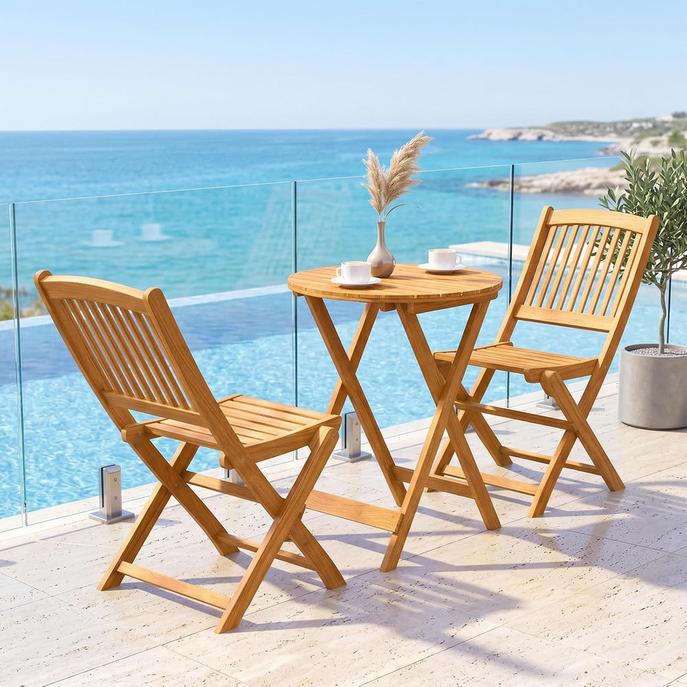 Tangkula 3 Piece Patio Folding Bistro Set, Outdoor Acacia Wood Chair and Tabl...