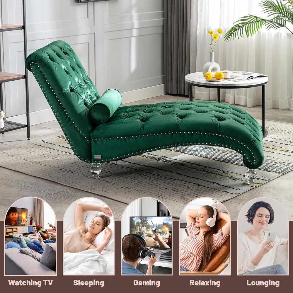 Chaise Lounge Chair Indoor Emerald Velvet Upholstered Button Tufted Chaise Lo...