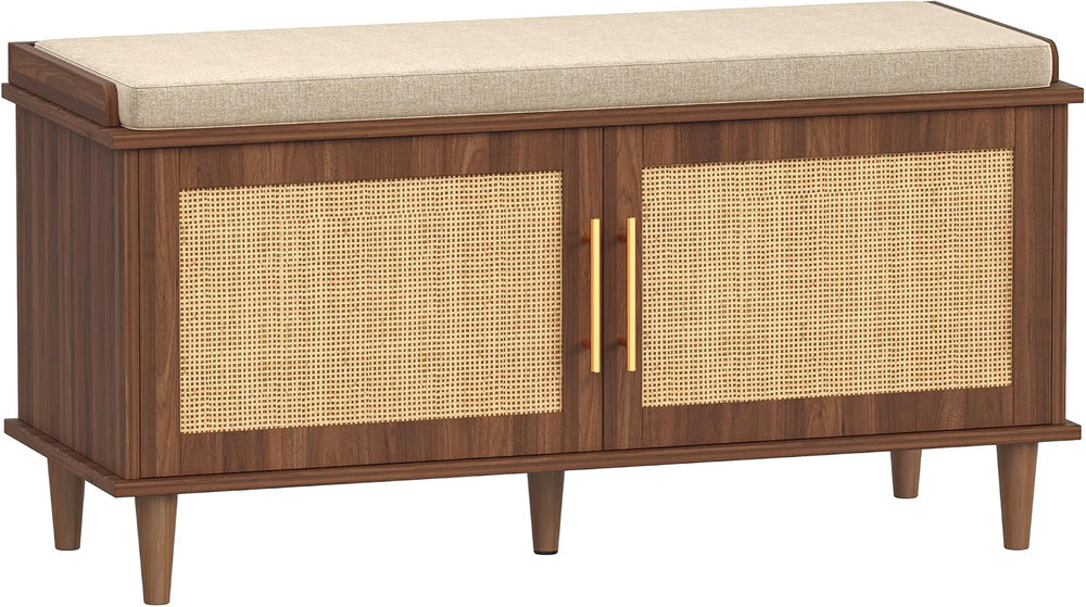 Akxomel 39.4" Rattan Shoe Storage Bench 2 Doors Entryway Bench Walnut
