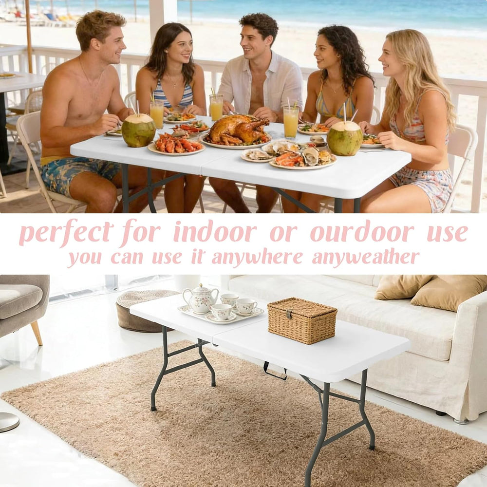 2 Pack 5 Feet Portable Folding Table White, Steel Legs Fold-in-Half with Carr...