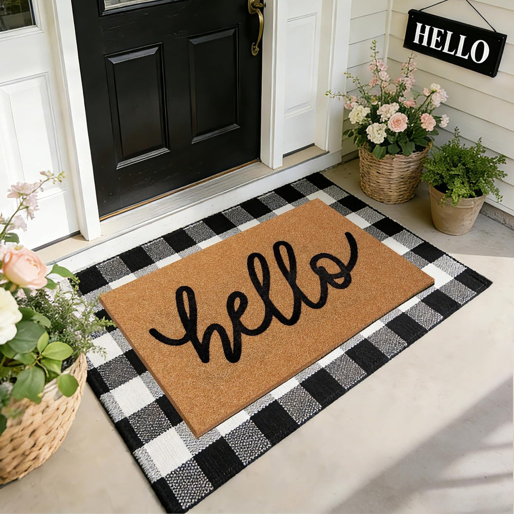 2 Pcs Welcome Door Mat Set, Layered Hello Coir Doormat with Black and White B...