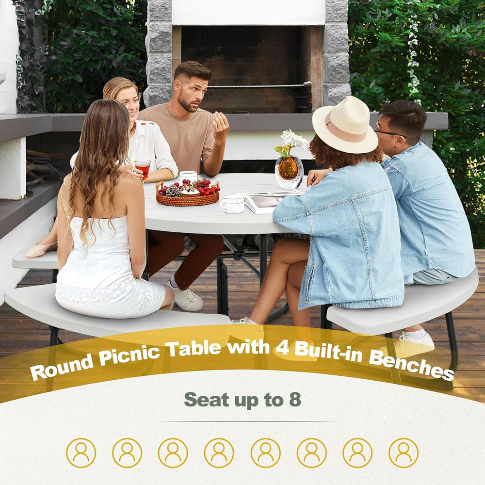 Tangkula 8 Person Picnic Table, Outdoor Round Picnic Table with 4 Built-in Be...