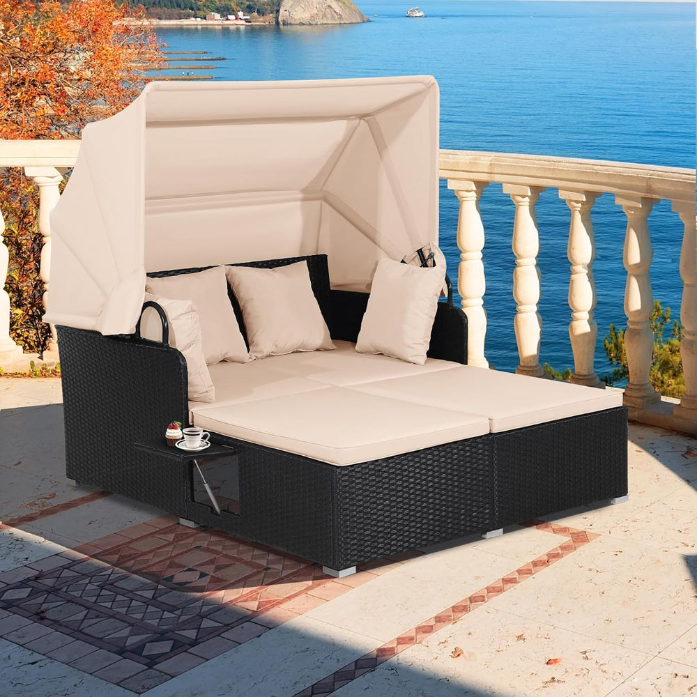 HAPPYGRILL Outdoor Wicker Lounge Daybed, Hand-Woven PE Rattan Daybed, Patio L...