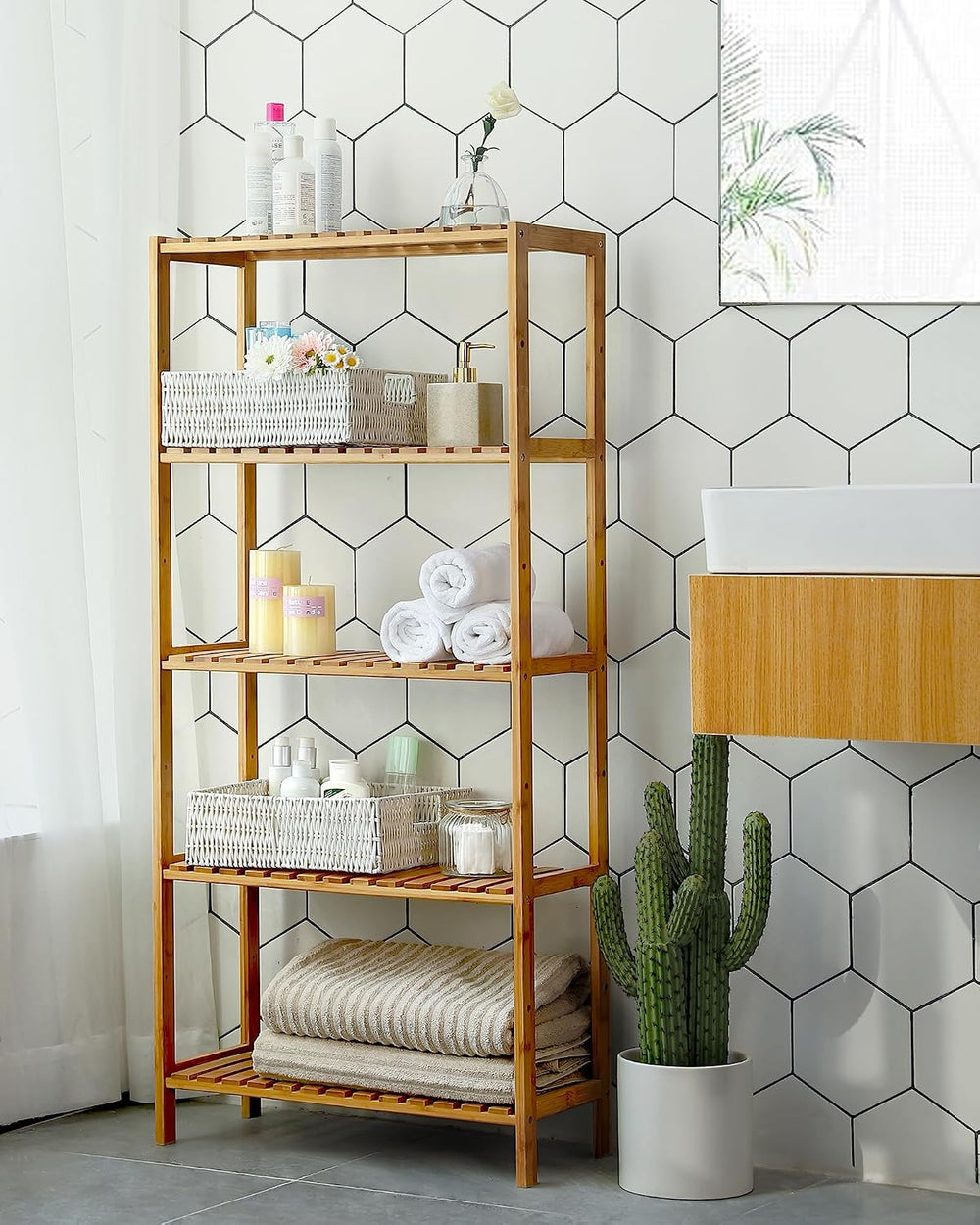 SONGMICS 5-Tier Bamboo Shelf, Freestanding Bathroom Storage Rack