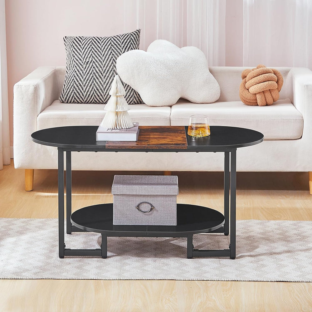 HOOBRO Coffee Table for Living Room, Oval Small Coffee Table with 2-Tier Open...