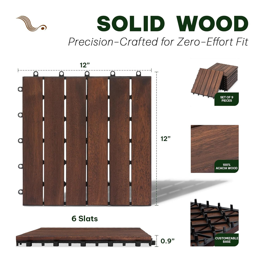 Acacia Interlocking Deck Tiles, 9 PCS Wood Flooring, 6 Slats, Walnut