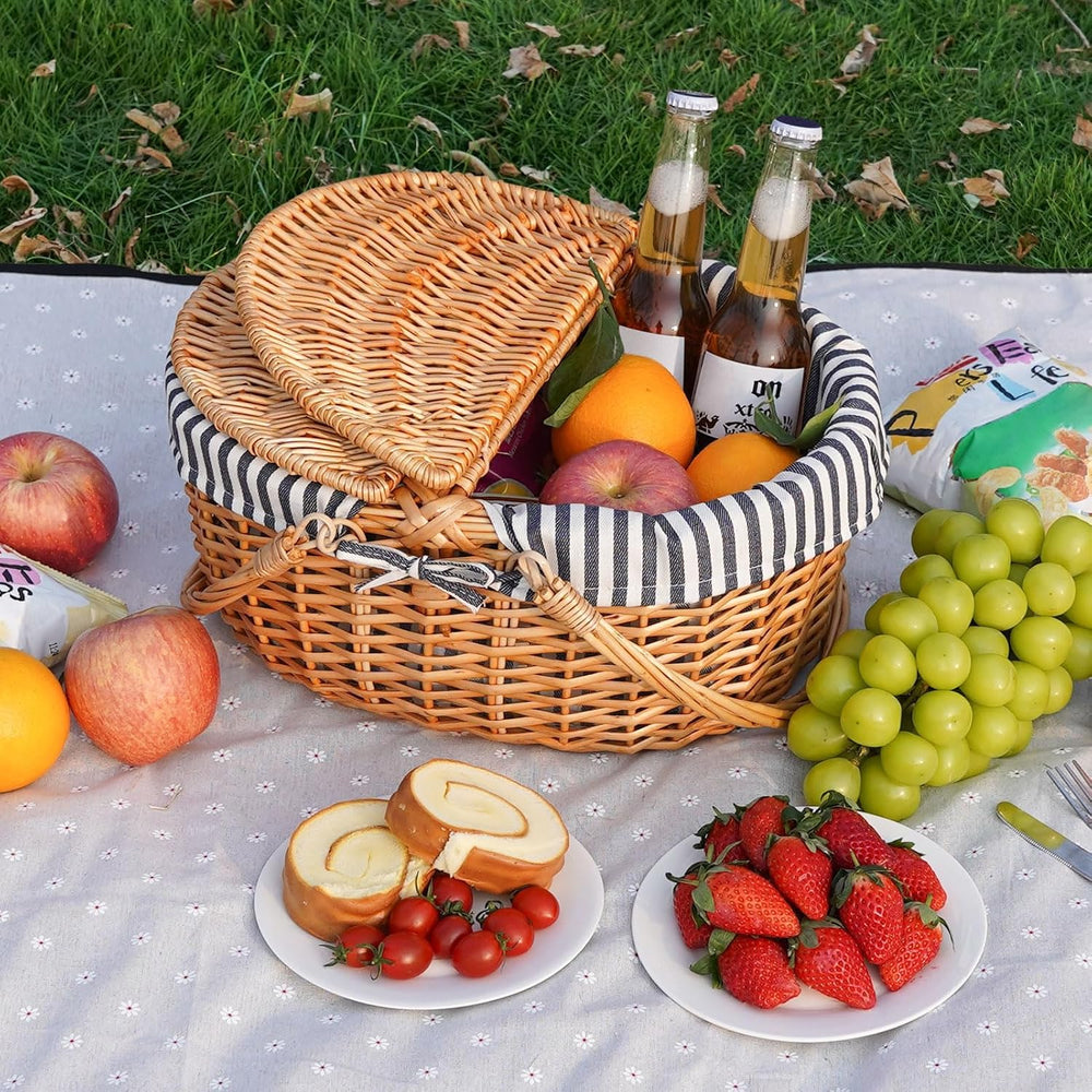 HappyPicnic Wicker Picnic Basket with Handle & Lid, 15" Vintage Hand...