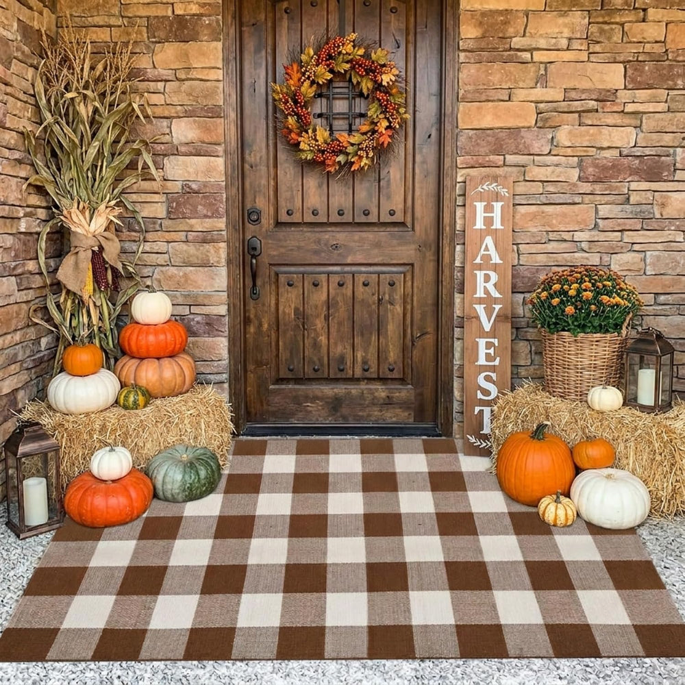 Fall Decor Buffalo Plaid Outdoor Rug 3x5 Ft Coffee and White Checkered Area R...