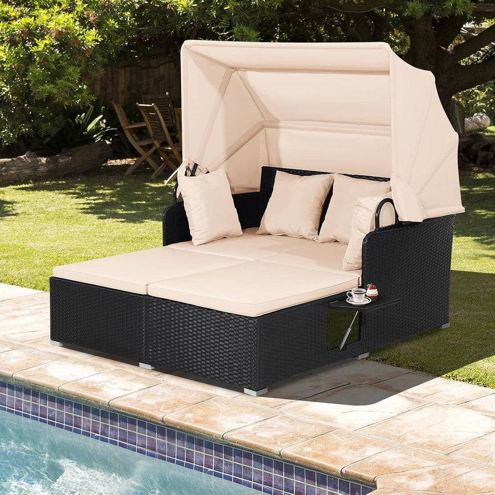 HAPPYGRILL Outdoor Wicker Lounge Daybed, Hand-Woven PE Rattan Daybed, Patio L...