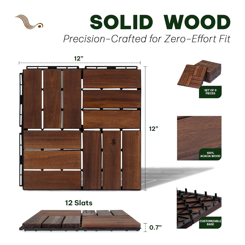 VICTORY RELAX Natural Acacia 12x12 Interlocking Wood Deck Tiles for Balcony, ...
