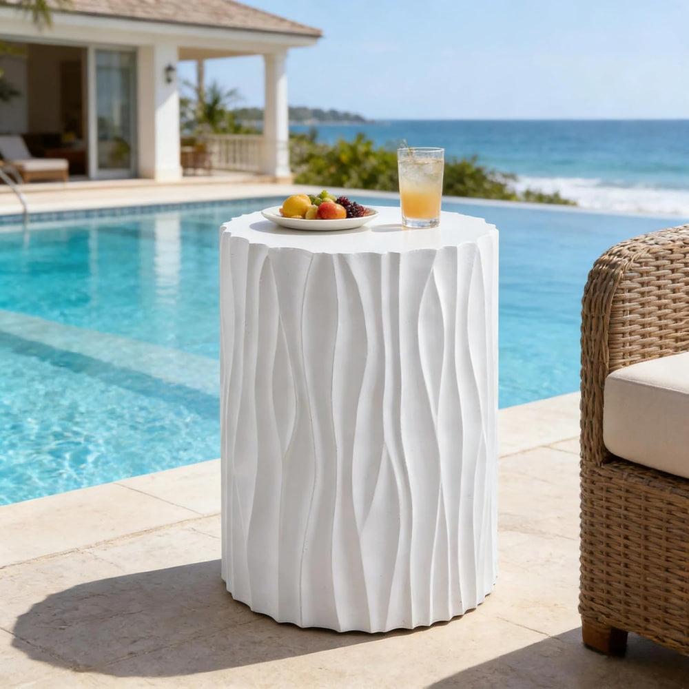 Modern Round Side Table, Outdoor End Table with Wavy Fluted Design, Multi-Use...
