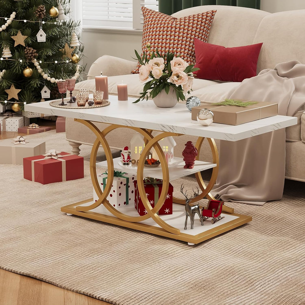 GiftGo Rustic Coffee Table with Storage Modern 3 Tier Center Living Room Tabl...