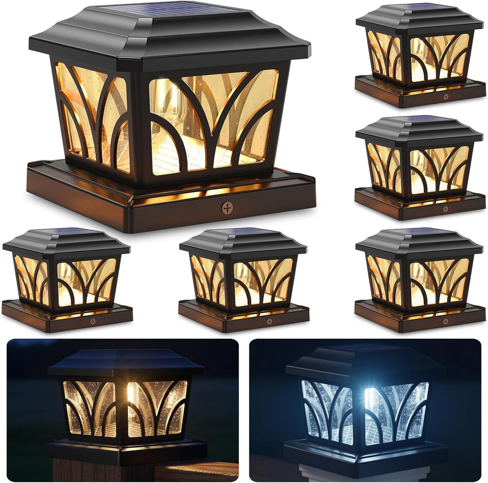 SIEDiNLAR Solar Post Cap Lights Outdoor Aluminum Glass 2 Modes 6 Pack Black