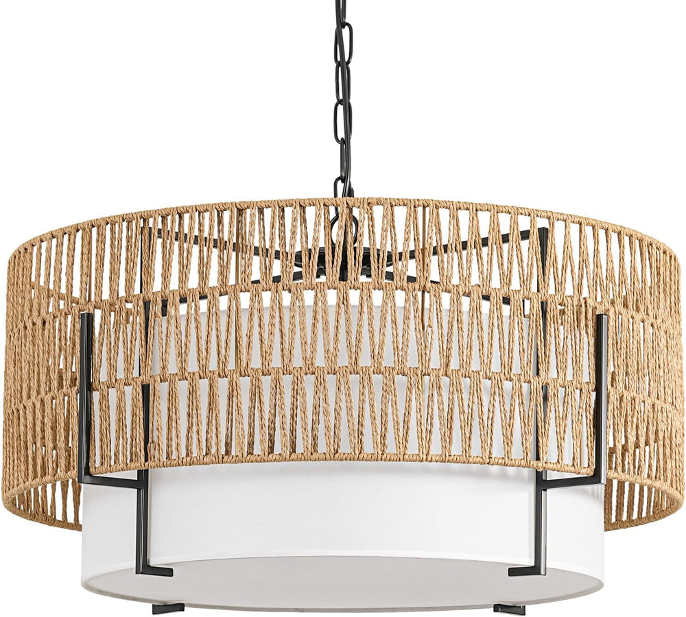 6-Light Large Rattan Chandelier for Dining Room, 25.6" Boho Pendant Light