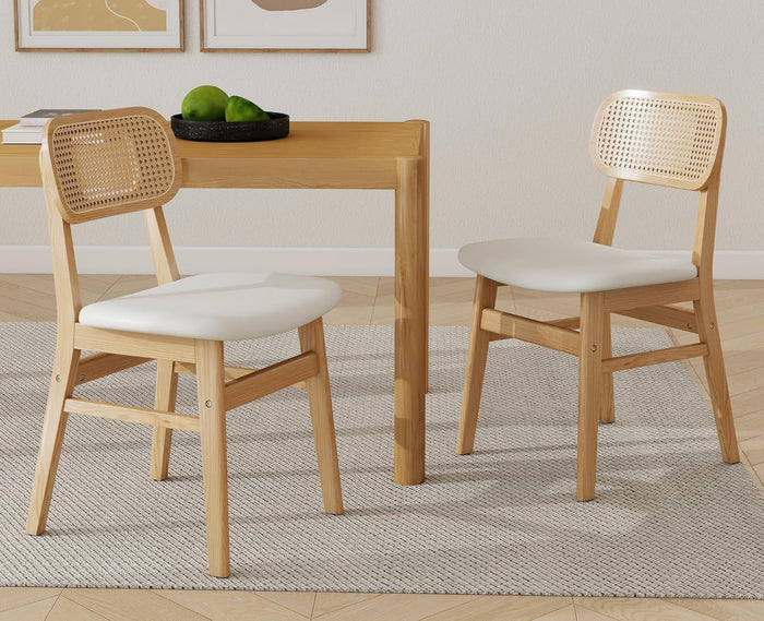 Shunzhi Rattan Dining Chairs Set of 2, Upholstered Farmhouse Dining Room Chairs with Back, Modern Wooden Kitchen Chairs, Boho Side Chairs for Restaurant, White Faux Leather