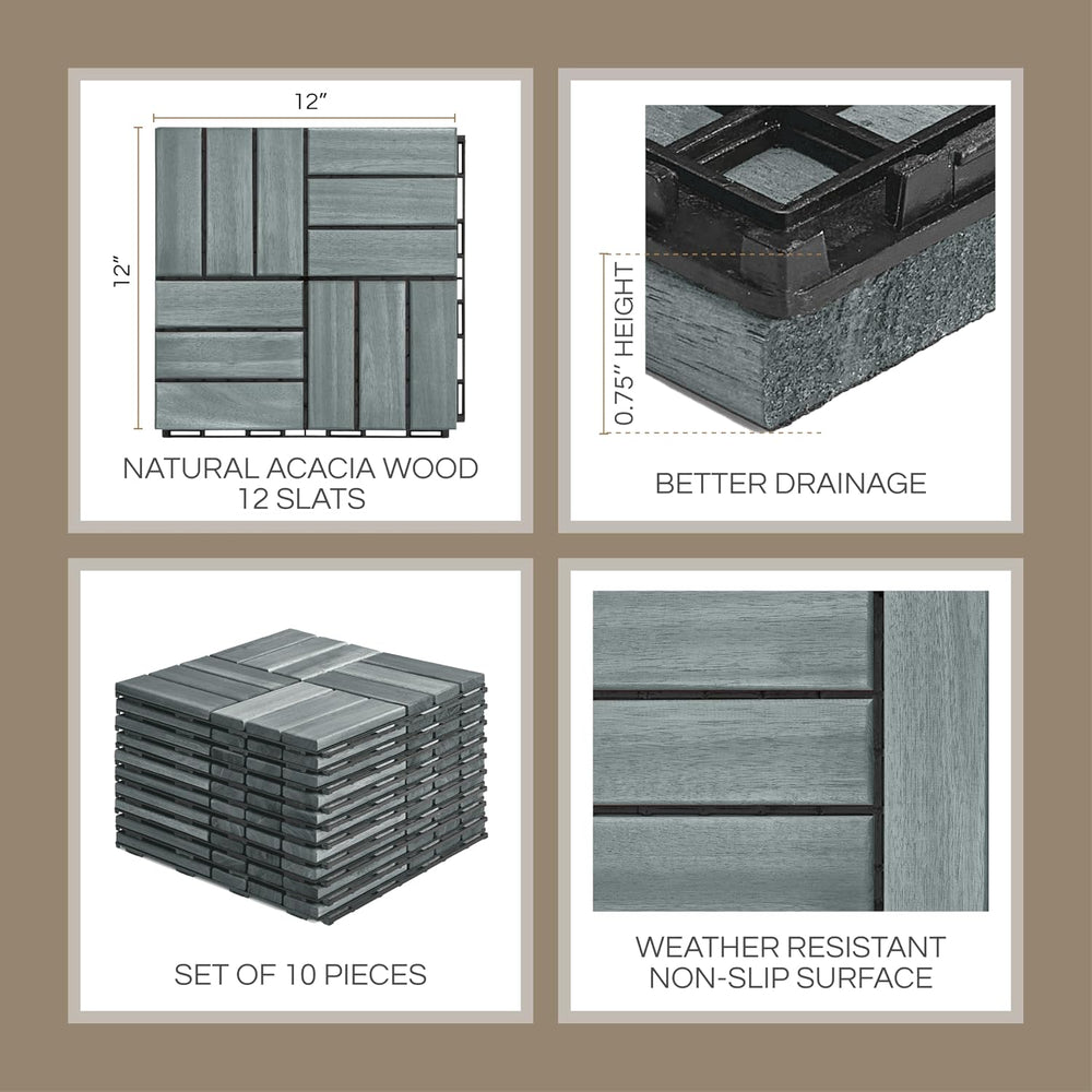 THYOI Premium Deck Tiles, 10 Pcs Patio Flooring - Grey - Crossed Pattern