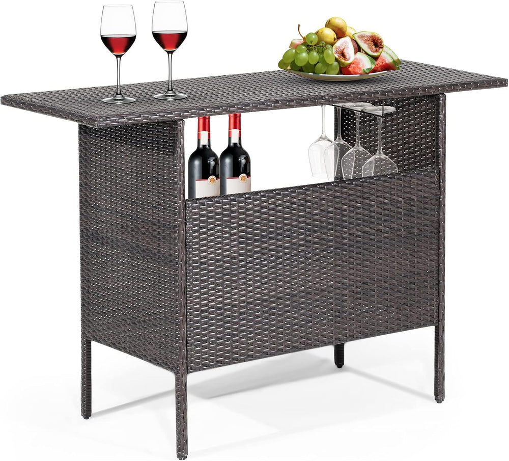 Tangkula Outdoor Wicker Bar Table, Patiojoy All Weather Patio Bar Height Tabl...