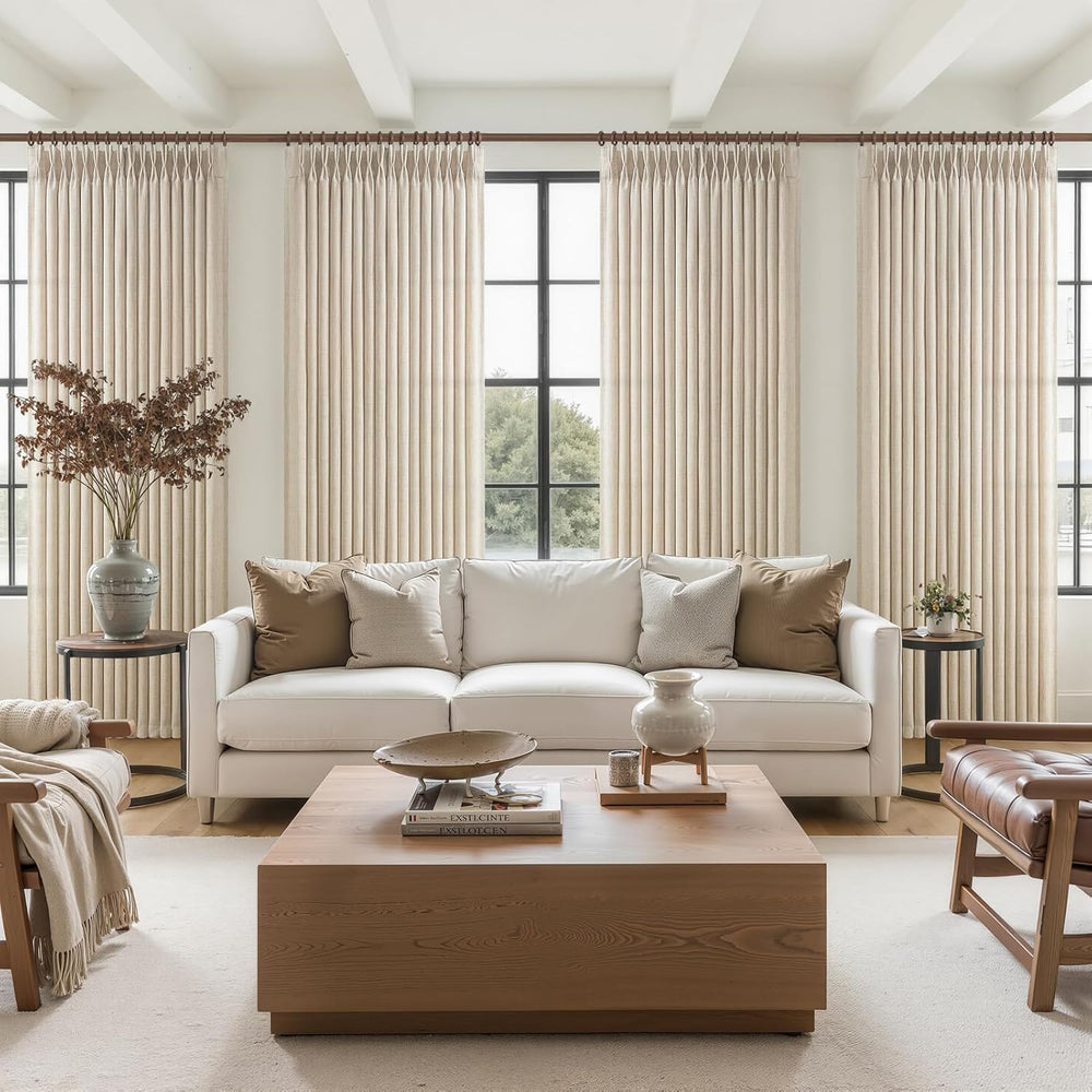 Pinch Pleated Semi Sheer Natural Linen Curtains 96 Inches Long for Living Roo...