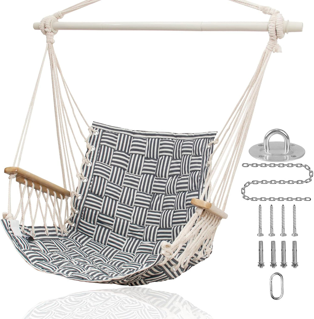 [Upgraded] Hammock Chair Hanging Swing with Wooden Armrests;Steel Spreader Ba...