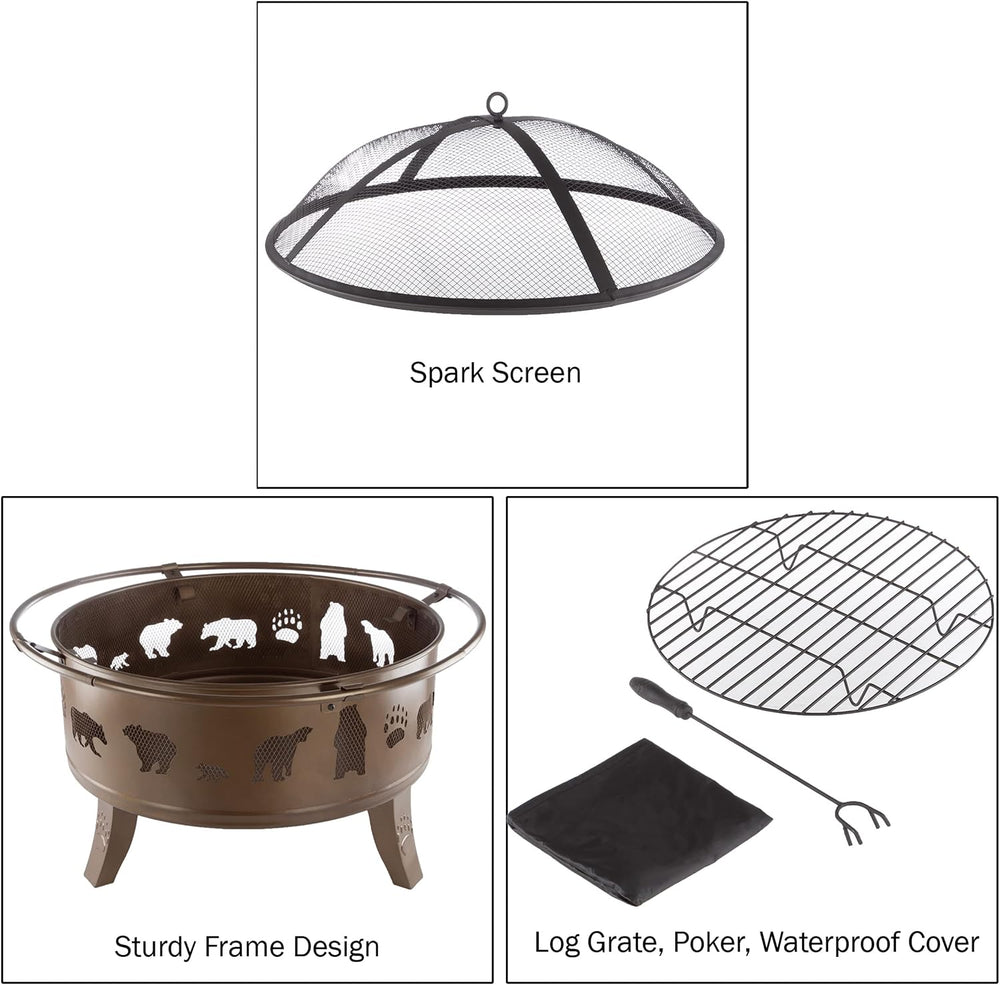 Pure Garden 50-LG1202 32” Outdoor Deep Fire Pit-Round Large Steel Bowl with B...