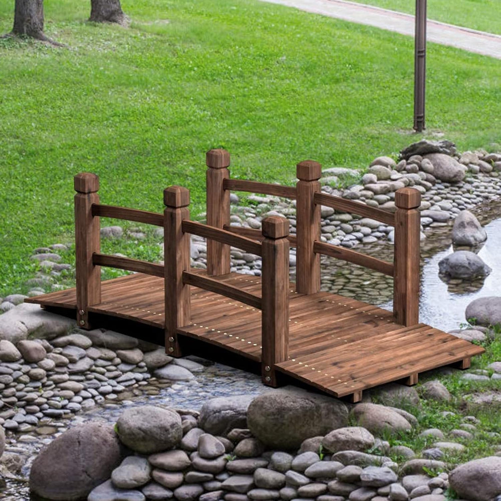 Giantex 5 FT Wooden Garden Bridge, Stained Wood Arc Footbridge with Railings,...