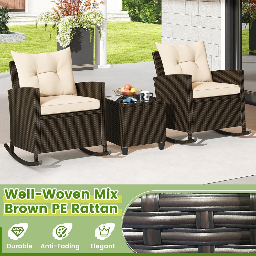 KOTEK 3 Piece Patio Furniture Rocking Bistro Set, Wicker Outdoor Rocking Chai...