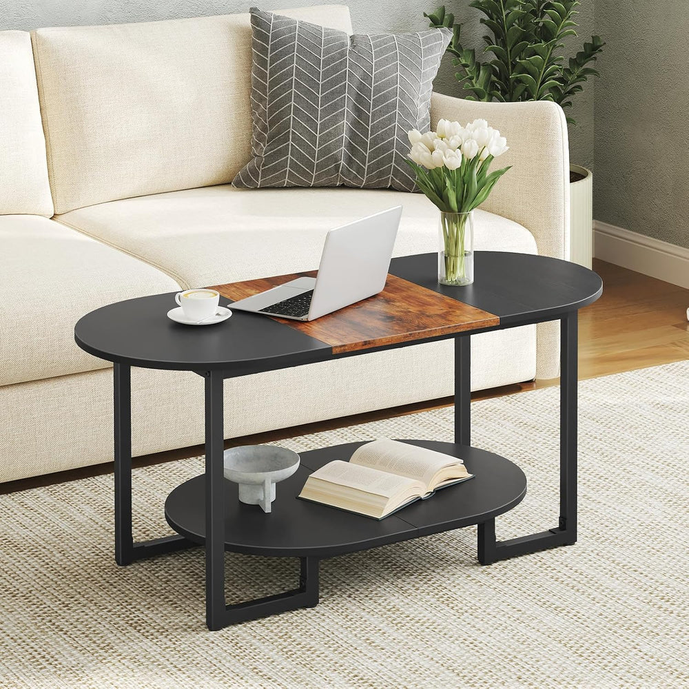 HOOBRO Coffee Table for Living Room, Oval Small Coffee Table with 2-Tier Open...
