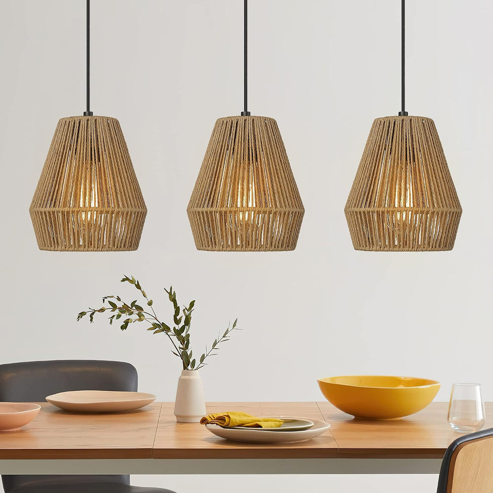 ELYONA 3 Pack Japandi Woven Pendant Lights 7” Modern Boho Hanging Lamp with H...