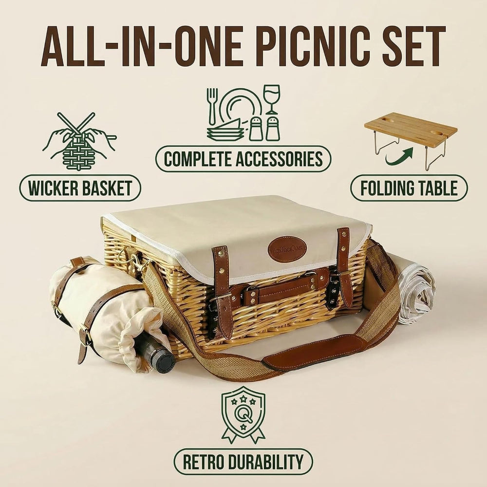 Multifunctional Wicker Picnic Basket Set for 2 Adults with Picnic Table and B...