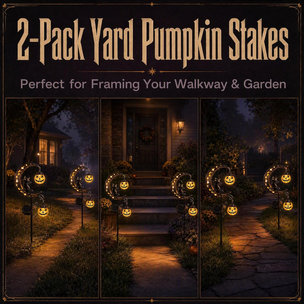 2 Pack Solar Halloween Pumpkin Moon Black Cat Garden Stake Lights Outdoor