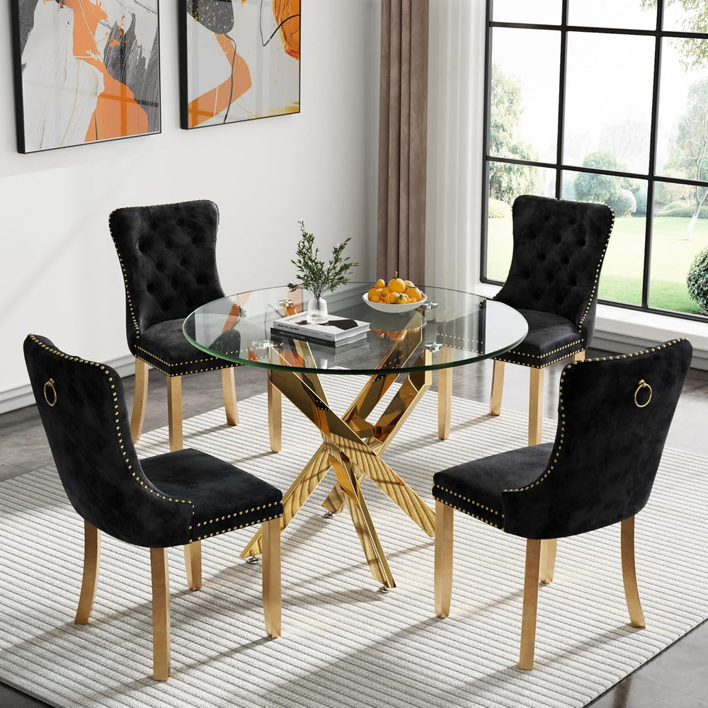 Henf 5 Piece Dining Table Set for 4, Glass Round Dining Table with 4 Black Fa...