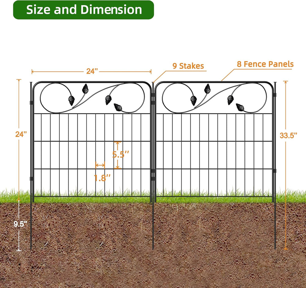 Decorative Black Garden Fencing 24in(H)X16ft(L) 8 Panels Metal Garden Fence