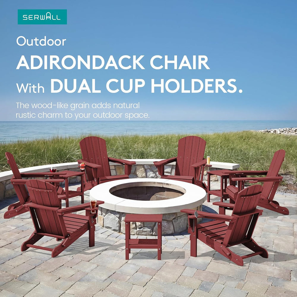 SERWALL Outdoor Adirondack Chairs with 2 Cup Holders,Foldable,Red