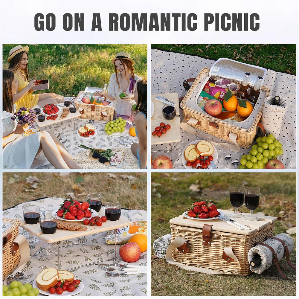 HappyPicnic Picnic Basket for 4, Handmade Wicker Picnic Set with Folding Tabl...