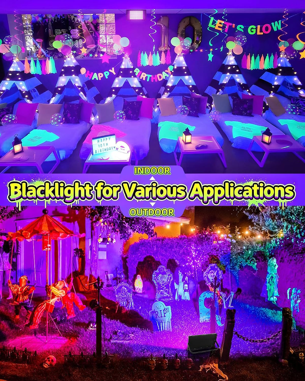 2 Pack 100W Black Light IP66, Powerful Blacklight for Halloween Glow Party
